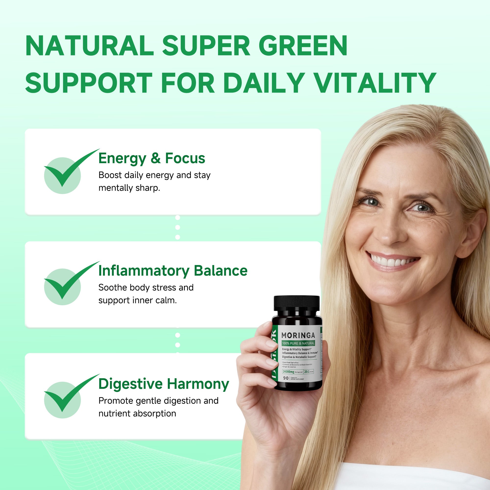 Moringa Capsules – 24,000mg Equivalent Pure Moringa Leaf per Serving – Super Green Herbal Formula Supports Energy, Inflammation & Digestive Health – 100% Natural, Vegan, Sugar-Free, Third-Party Tested