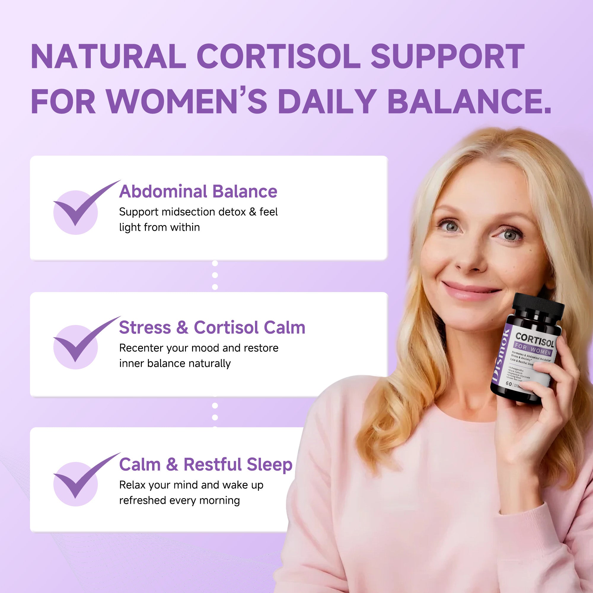 Cortisol Supplements for Women, Adrenal Support, 12-in-1 Ashwagandha Supplements, Supports Abdominal Detox, Reduces Stress & Anxiety, Promotes Calm & Restful Sleep, Third-Party Lab Tested