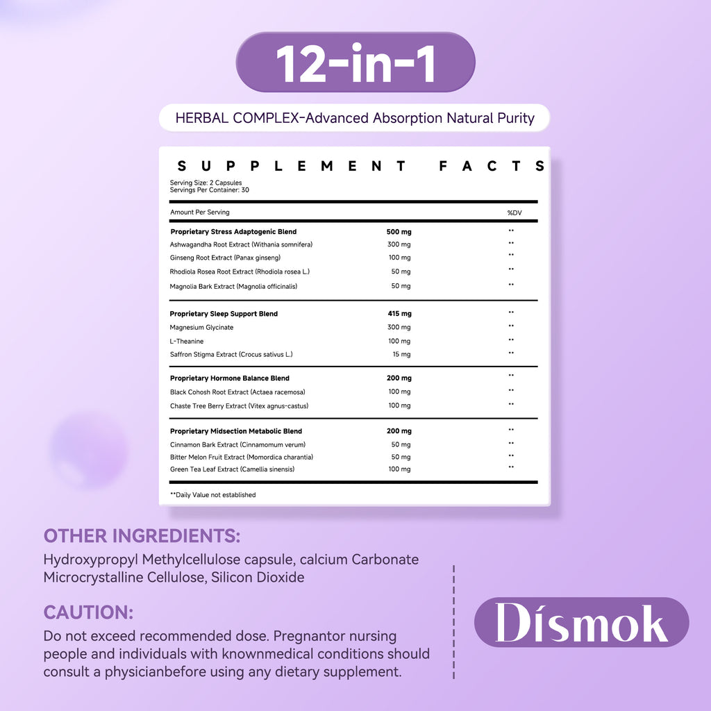 Cortisol Supplements for Women, Adrenal Support, 12-in-1 Ashwagandha Supplements, Supports Abdominal Detox, Reduces Stress & Anxiety, Promotes Calm & Restful Sleep, Third-Party Lab Tested
