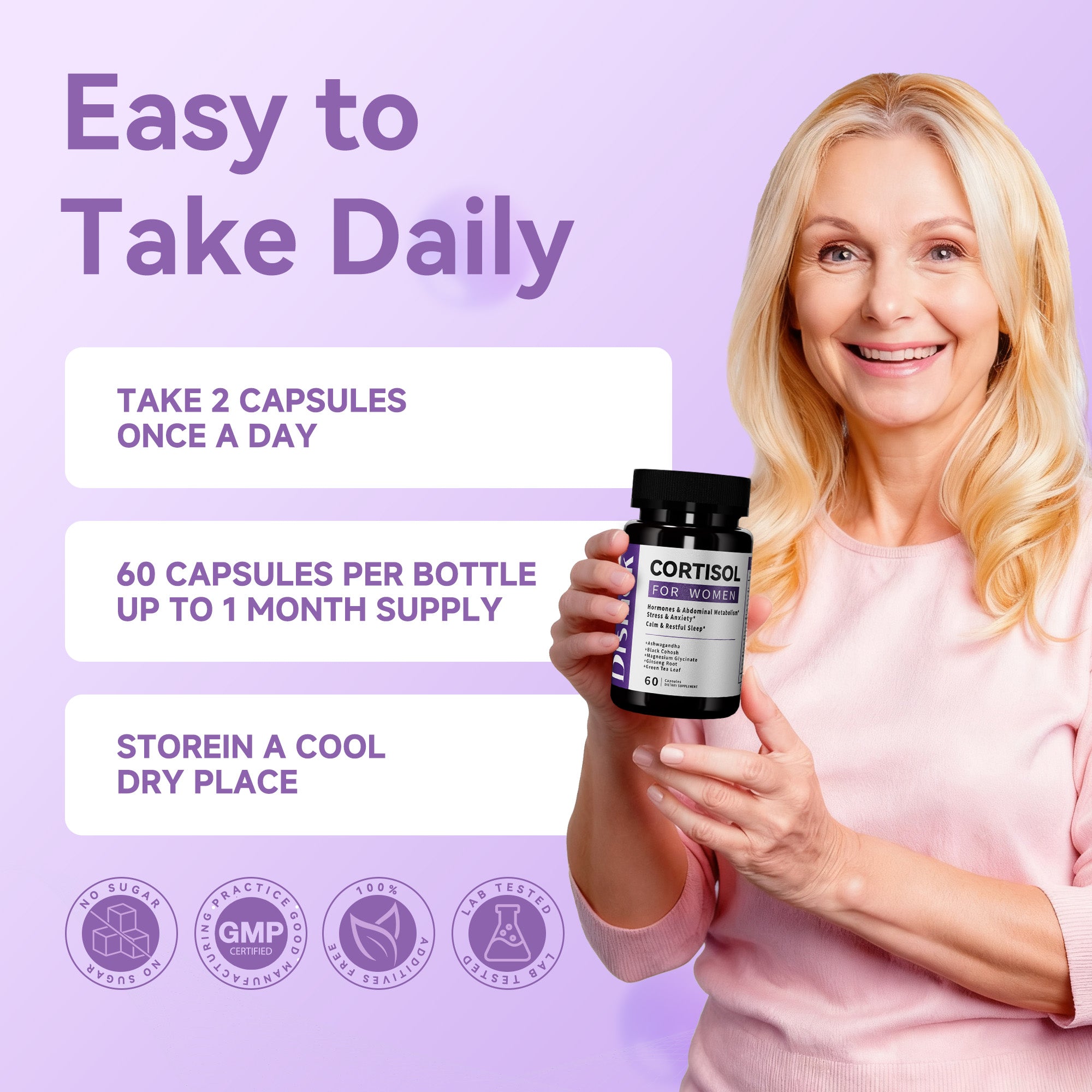 Cortisol Supplements for Women, Adrenal Support, 12-in-1 Ashwagandha Supplements, Supports Abdominal Detox, Reduces Stress & Anxiety, Promotes Calm & Restful Sleep, Third-Party Lab Tested