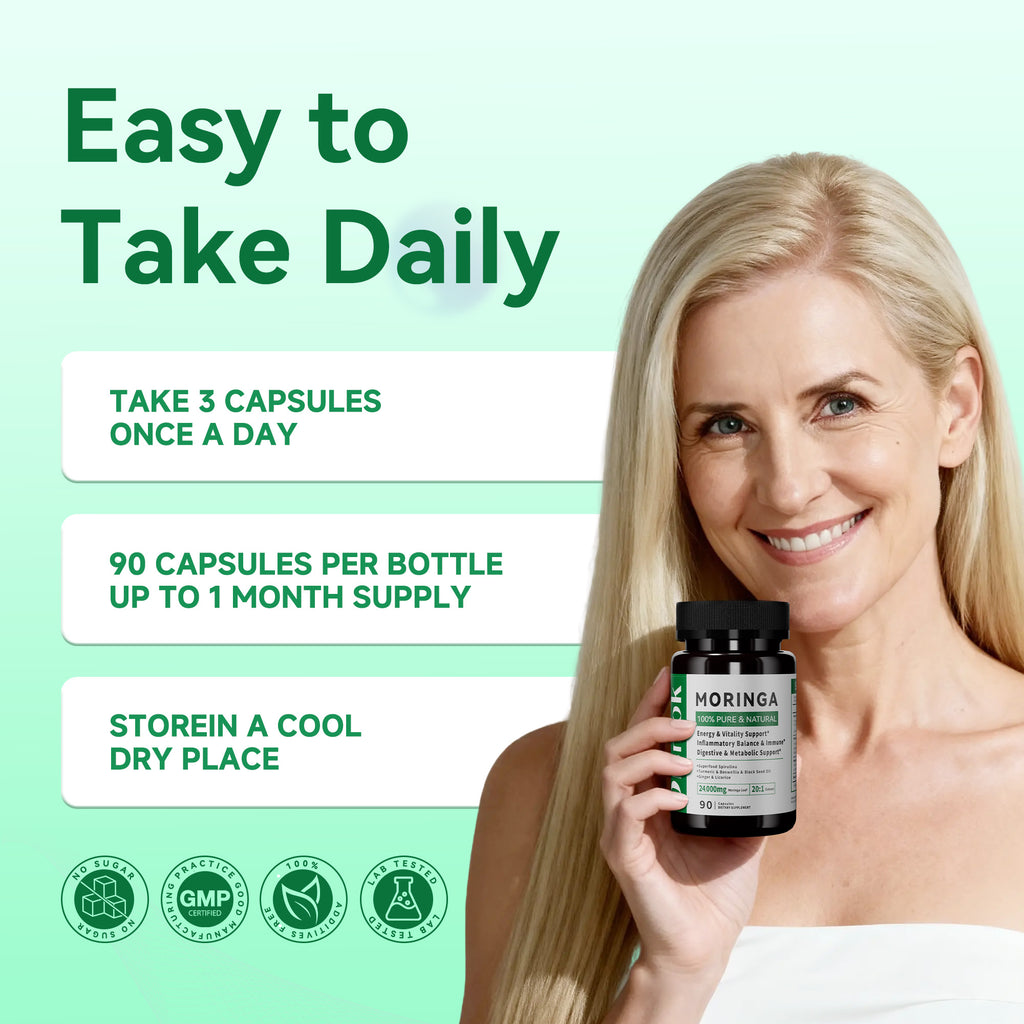 Moringa Capsules – 24,000mg Equivalent Pure Moringa Leaf per Serving – Super Green Herbal Formula Supports Energy, Inflammation & Digestive Health – 100% Natural, Vegan, Sugar-Free, Third-Party Tested